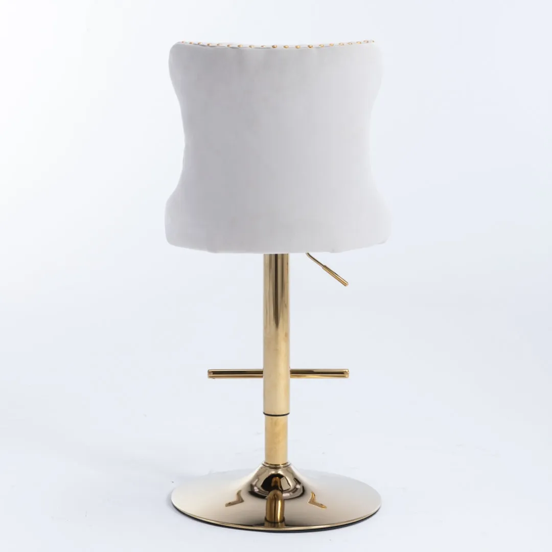 Two Height Adjustable Swivel Bar Stool Velvet Studs Barstool with Footrest and Golden Base- Beige