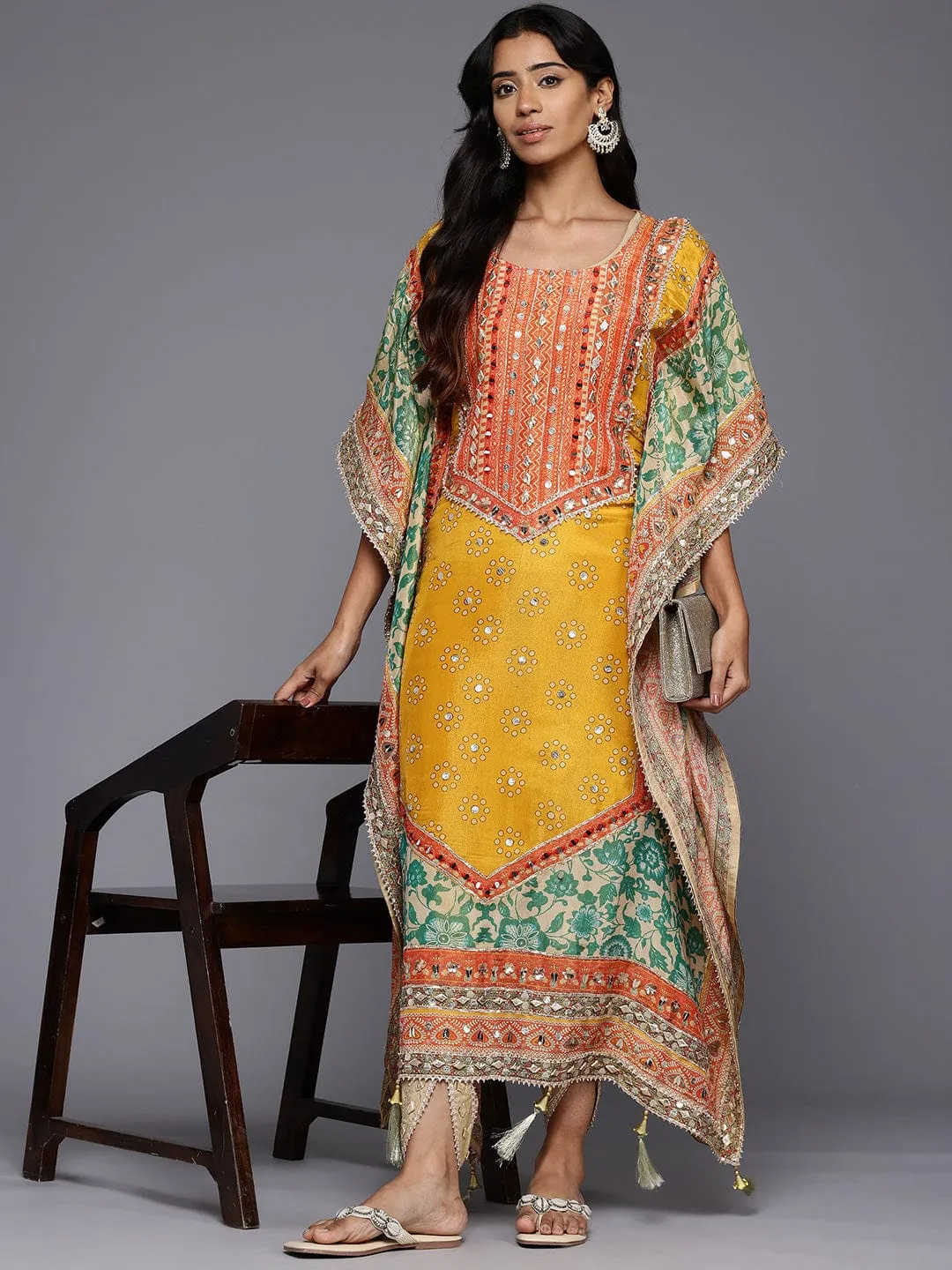Varanga Women Mustard- Multi Colored Pure Silk Gotta and Mirror Embroidered Kaftan with Dhoti Pants
