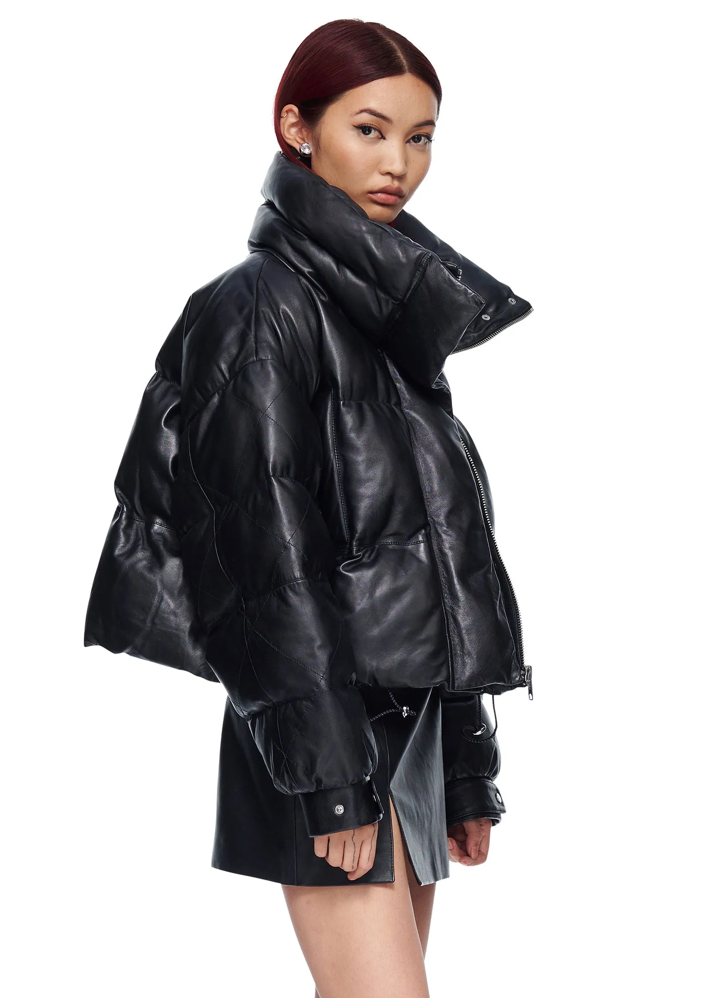 VIAVIA Genuine Leather Puffer Coat in Black