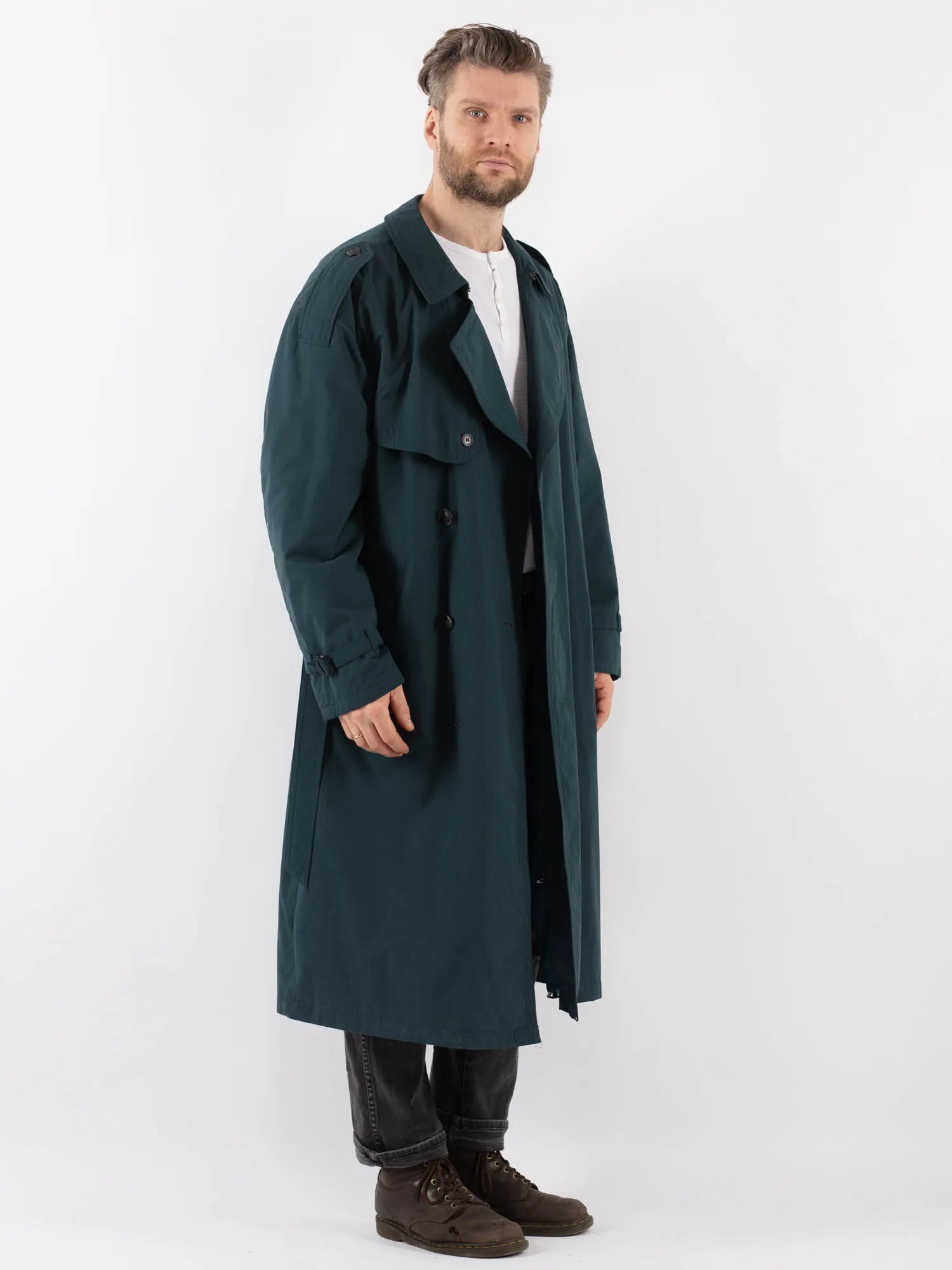 Vintage 70's Men Oversized Trench Coat in Teal Blue