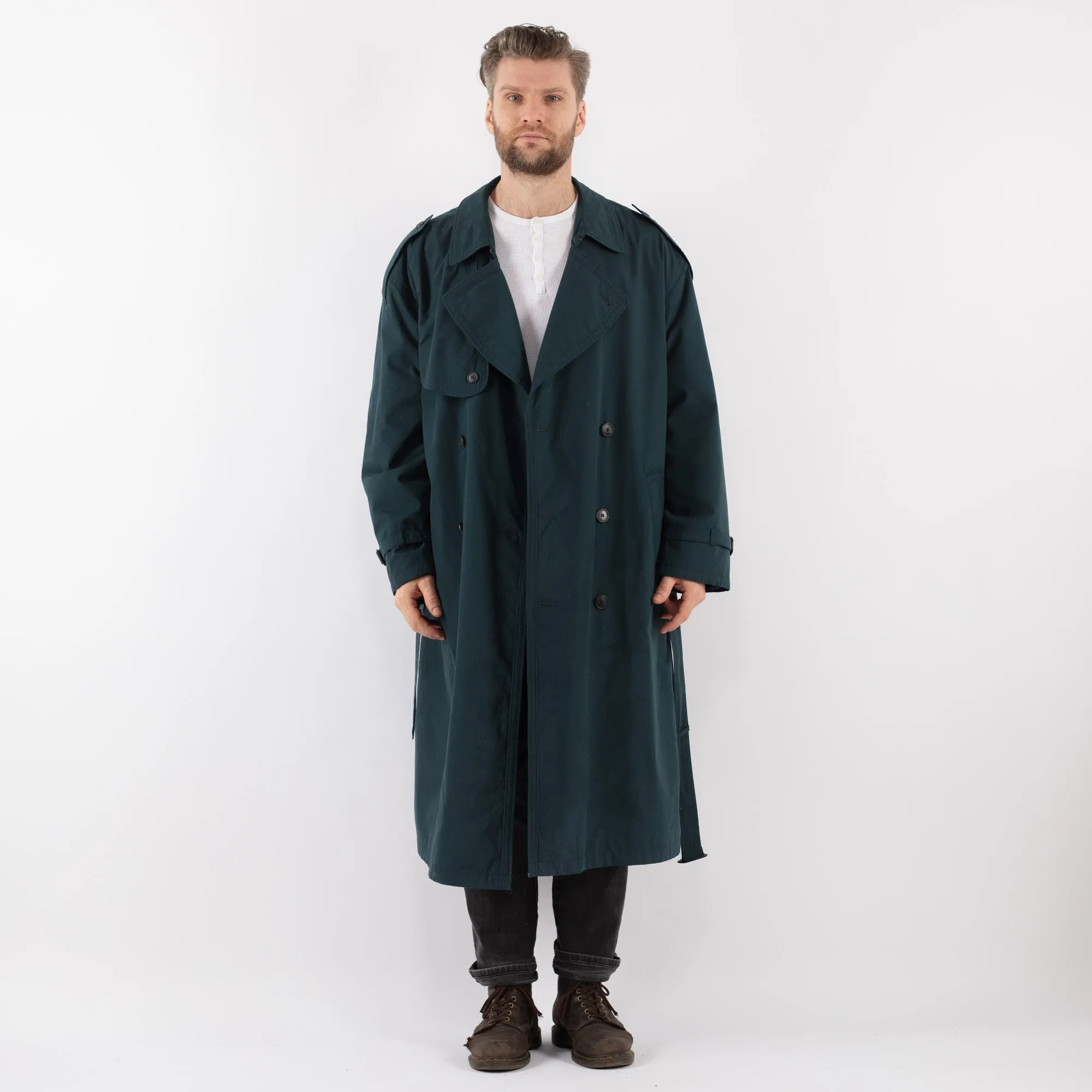Vintage 70's Men Oversized Trench Coat in Teal Blue