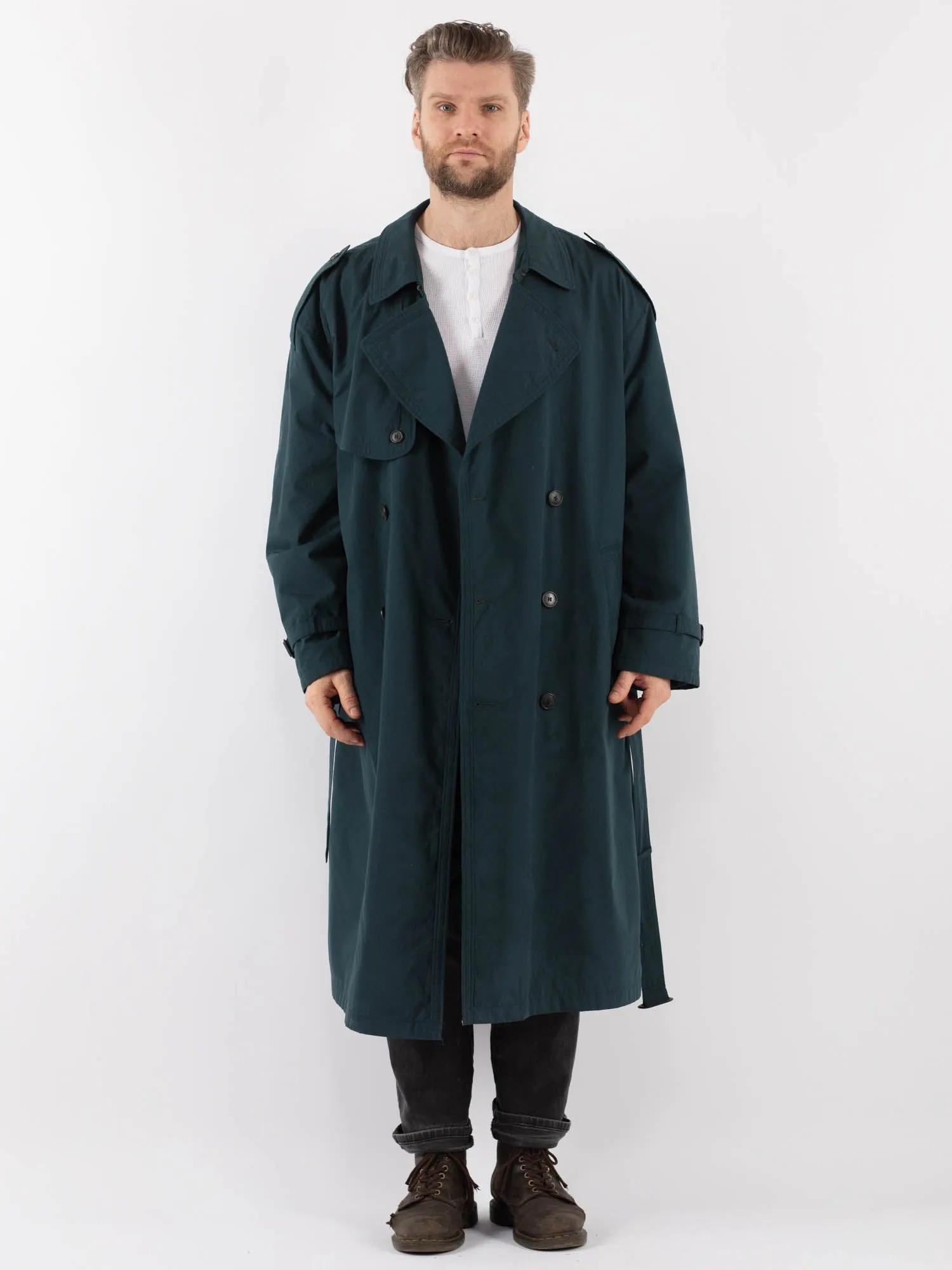 Vintage 70's Men Oversized Trench Coat in Teal Blue