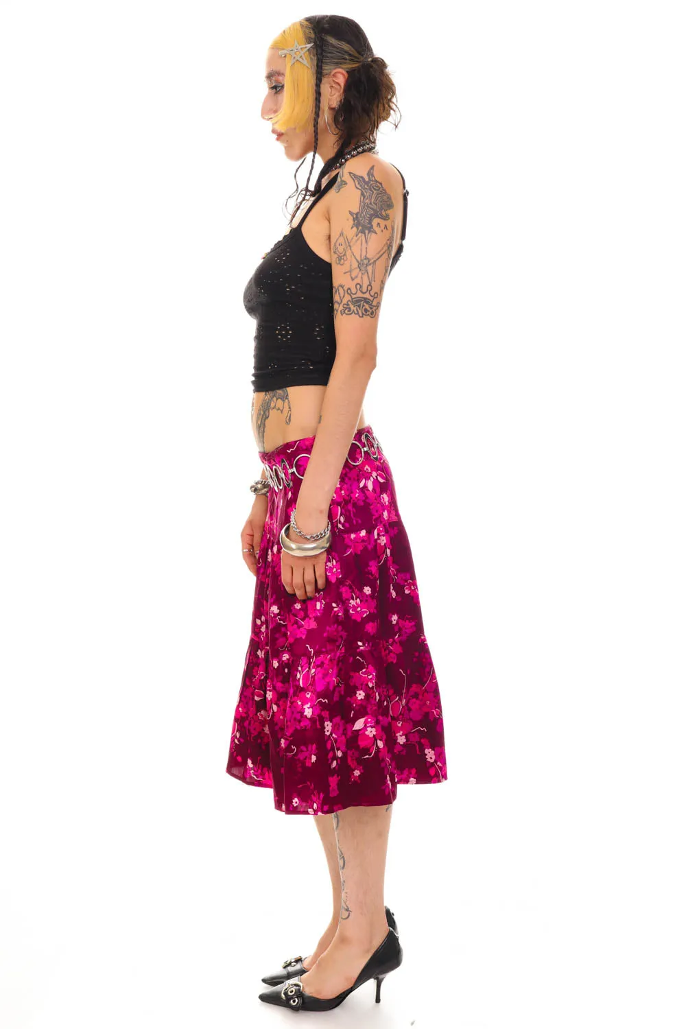 Vintage Y2K Purple Floral Silk Tiered Midi Skirt - M/L