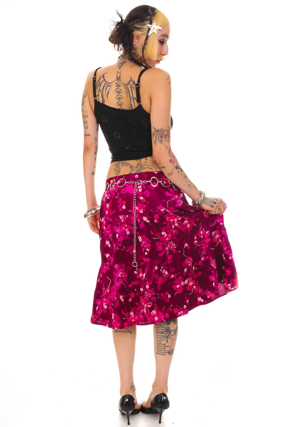 Vintage Y2K Purple Floral Silk Tiered Midi Skirt - M/L