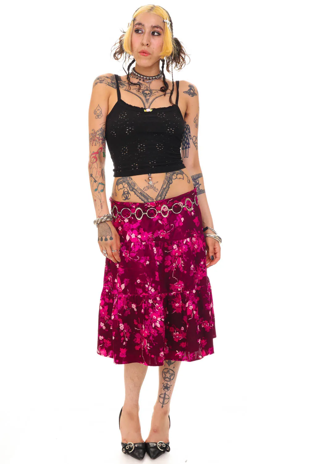 Vintage Y2K Purple Floral Silk Tiered Midi Skirt - M/L