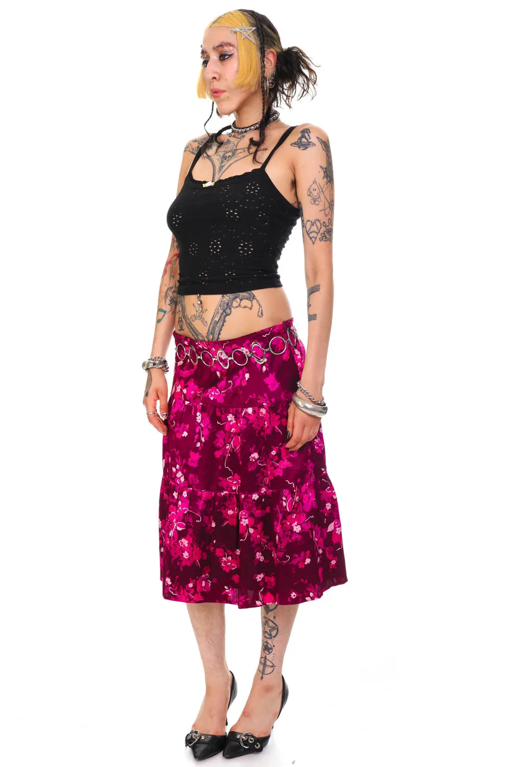 Vintage Y2K Purple Floral Silk Tiered Midi Skirt - M/L