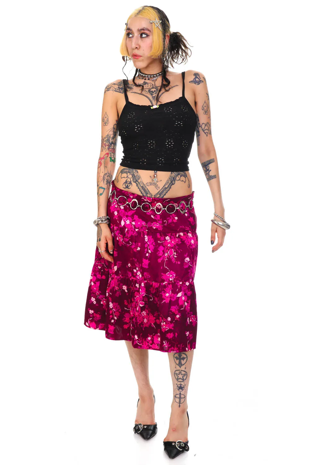 Vintage Y2K Purple Floral Silk Tiered Midi Skirt - M/L