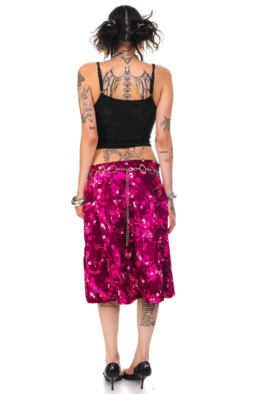 Vintage Y2K Purple Floral Silk Tiered Midi Skirt - M/L