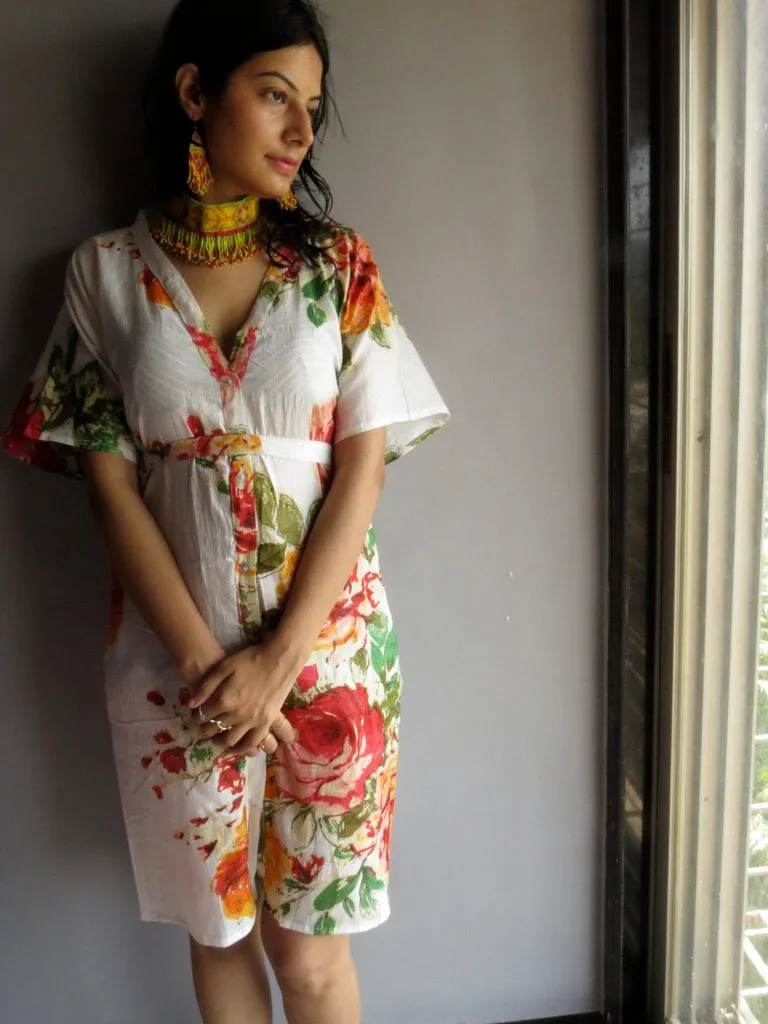 WhiteMulticolor Big Flower V-Neck Button Down to Waist, Knee Length, Cinched Waist Caftan