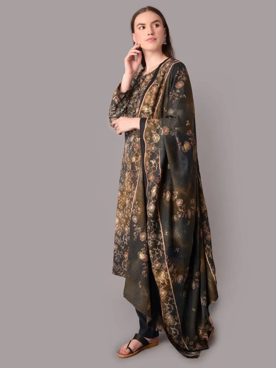 Women Grey Pashmina Kurta Trouser With Shawl