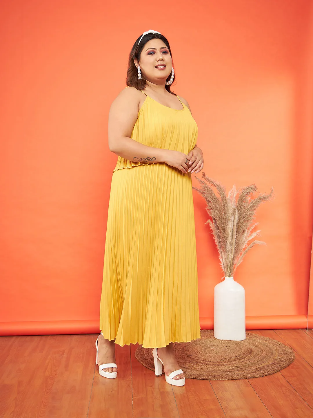 Women Mustard Accordion Pleated Layered Maxi Dress