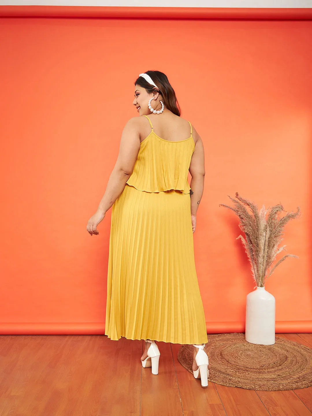 Women Mustard Accordion Pleated Layered Maxi Dress