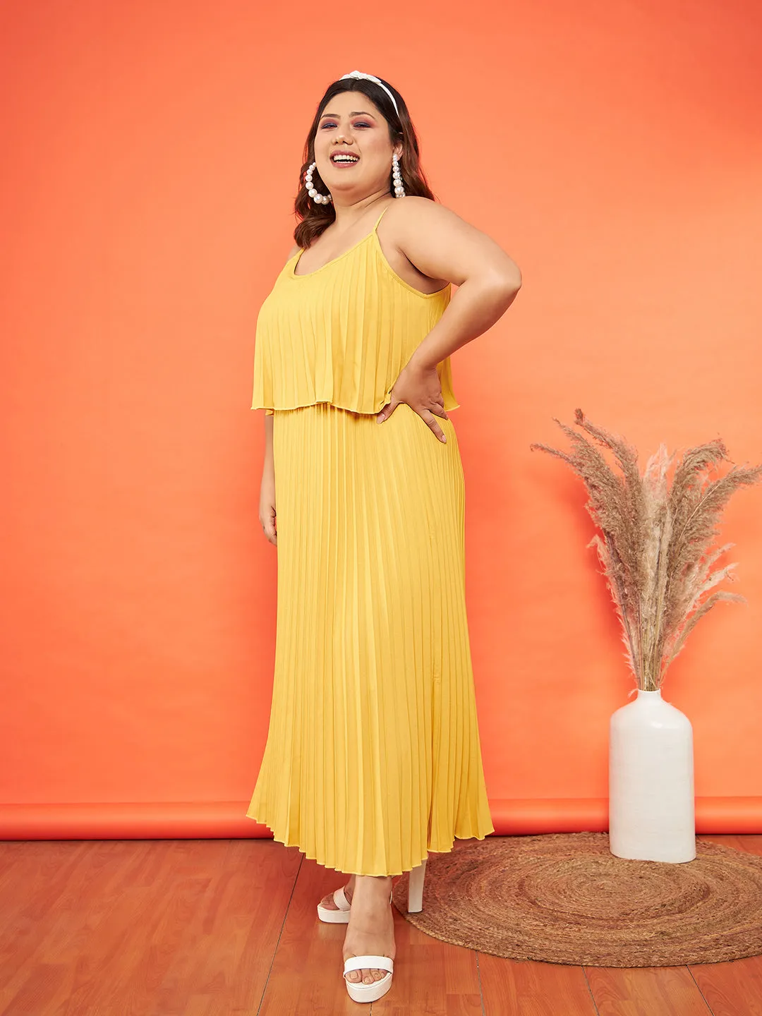 Women Mustard Accordion Pleated Layered Maxi Dress