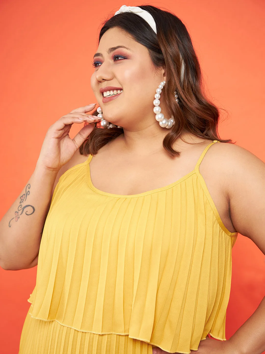 Women Mustard Accordion Pleated Layered Maxi Dress