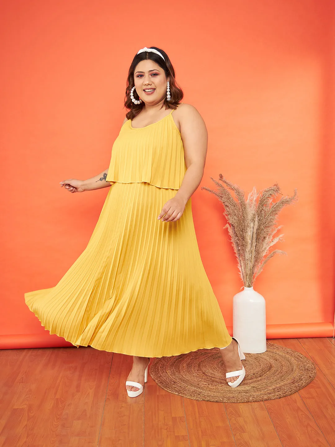 Women Mustard Accordion Pleated Layered Maxi Dress