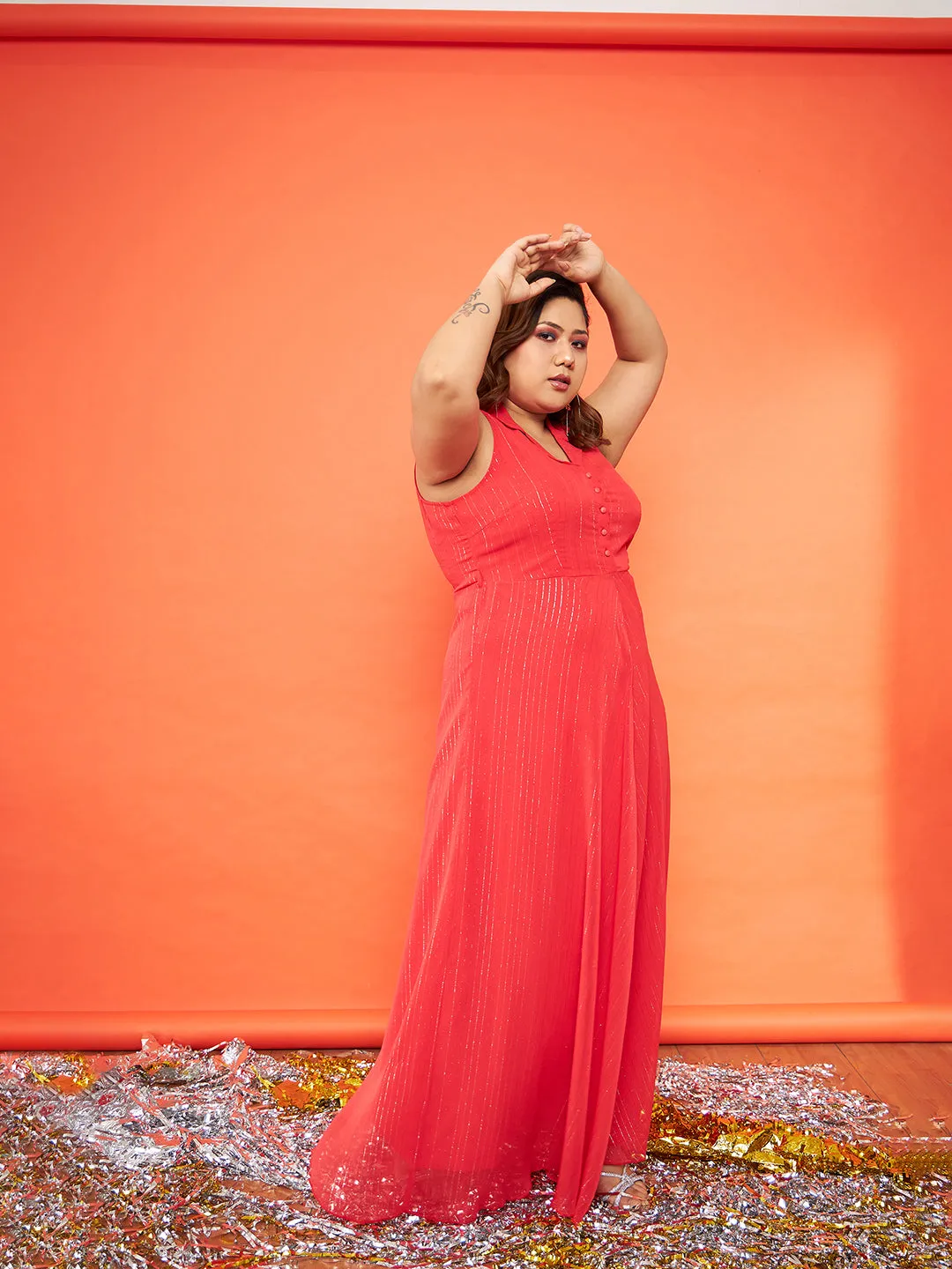 Women Red Chiffon Lurex Notched Collar Maxi Dress