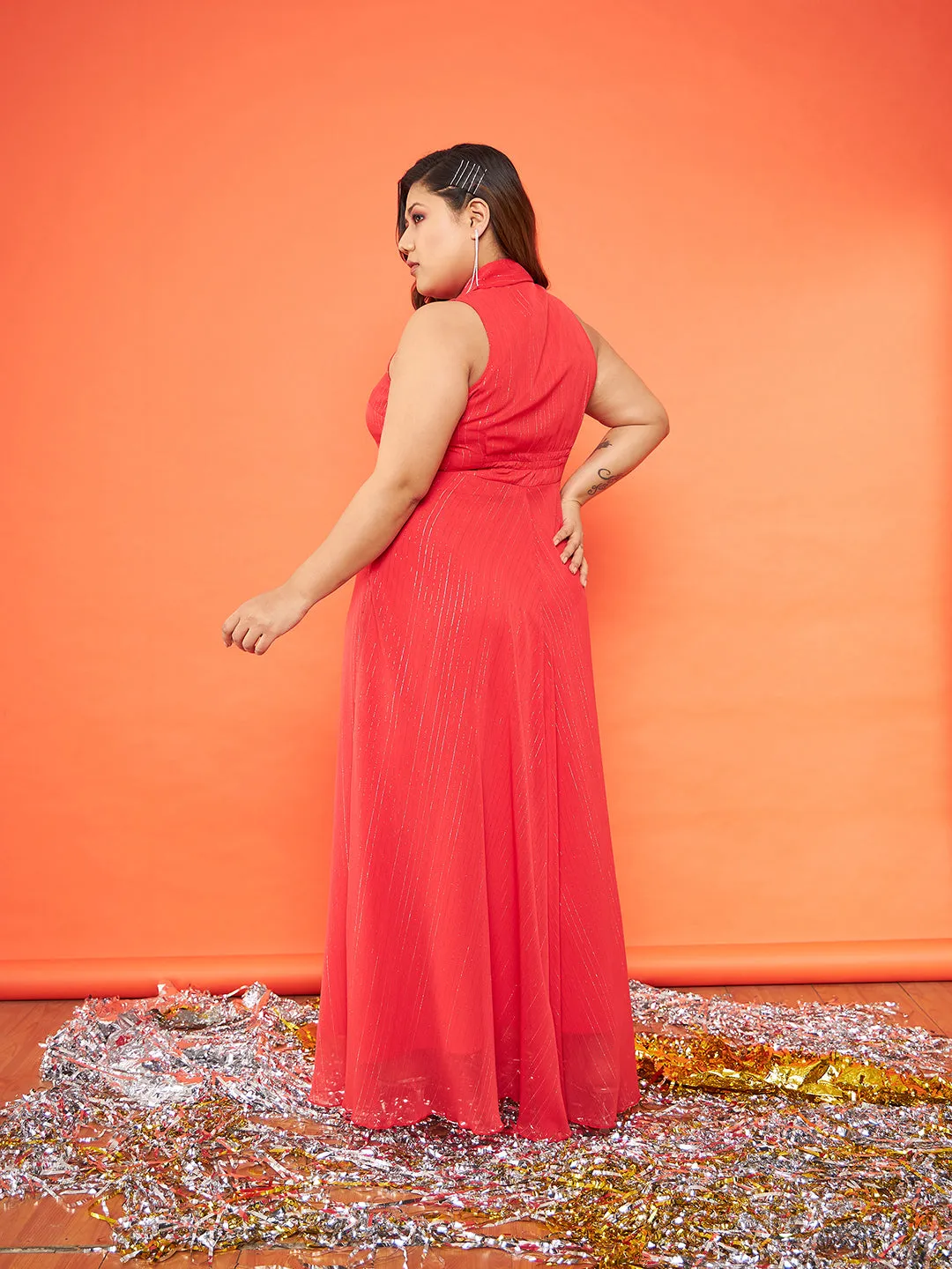 Women Red Chiffon Lurex Notched Collar Maxi Dress