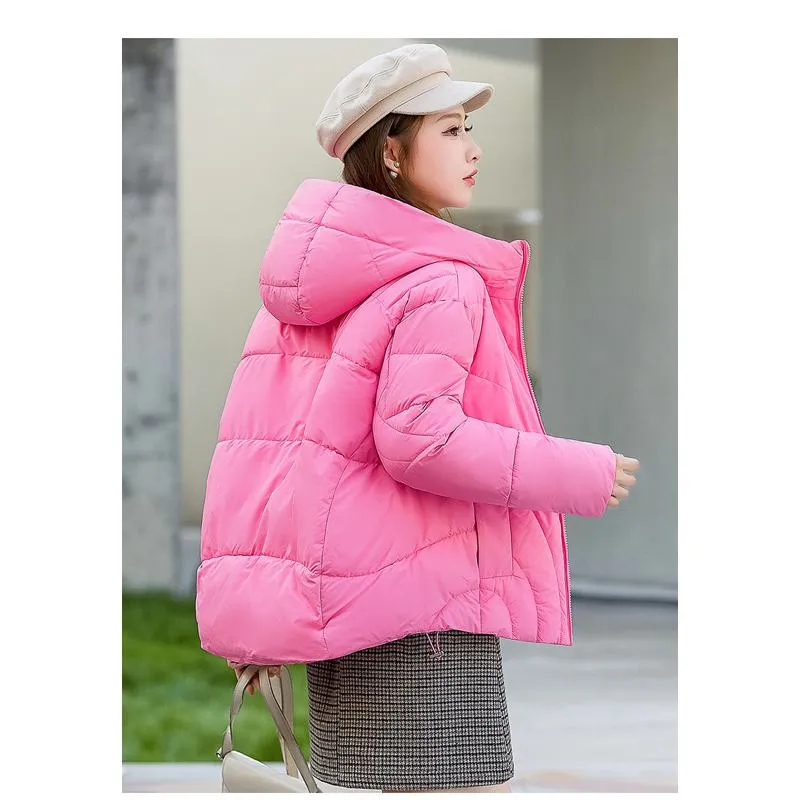 Zip-Up Cropped Solid Color Thickened Puffer Jacket