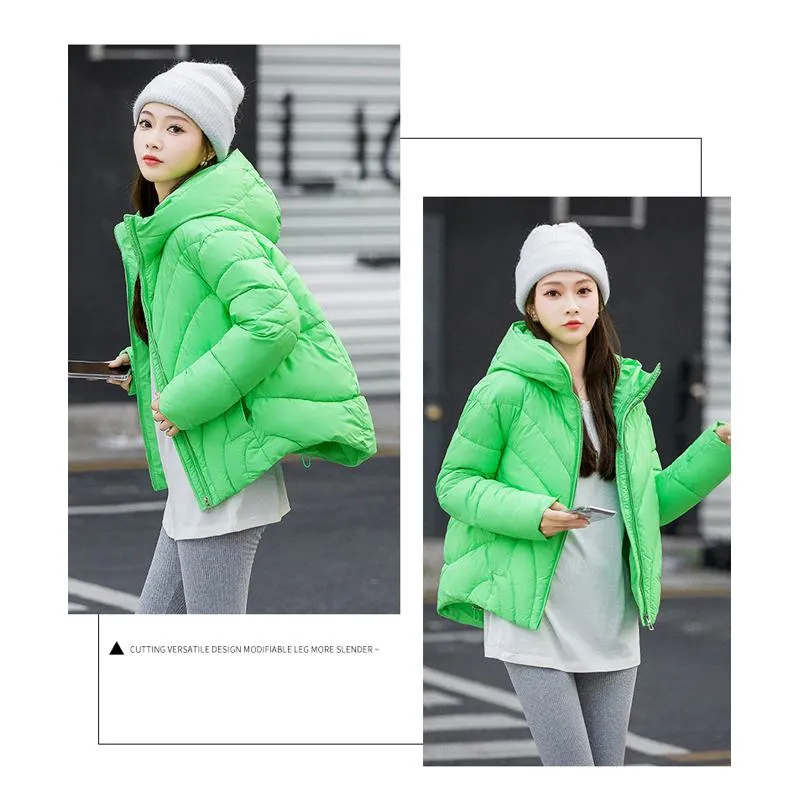 Zip-Up Cropped Solid Color Thickened Puffer Jacket