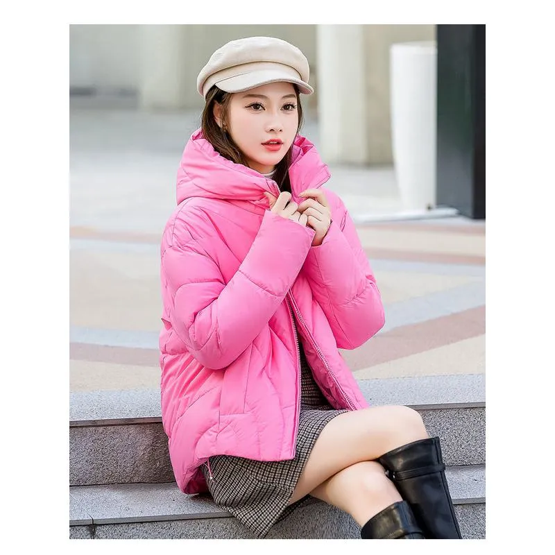 Zip-Up Cropped Solid Color Thickened Puffer Jacket